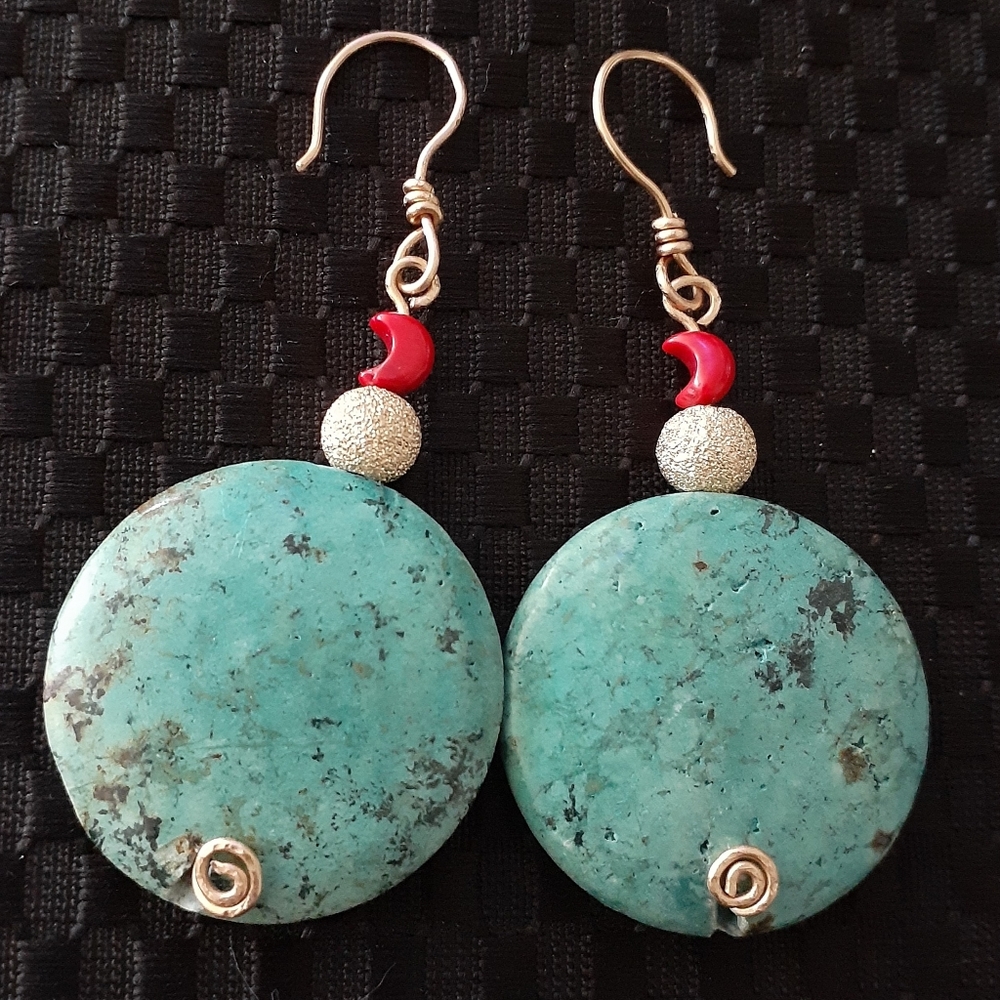 Genuine Turquoise,Coral, 14kgoldfilled Earrings